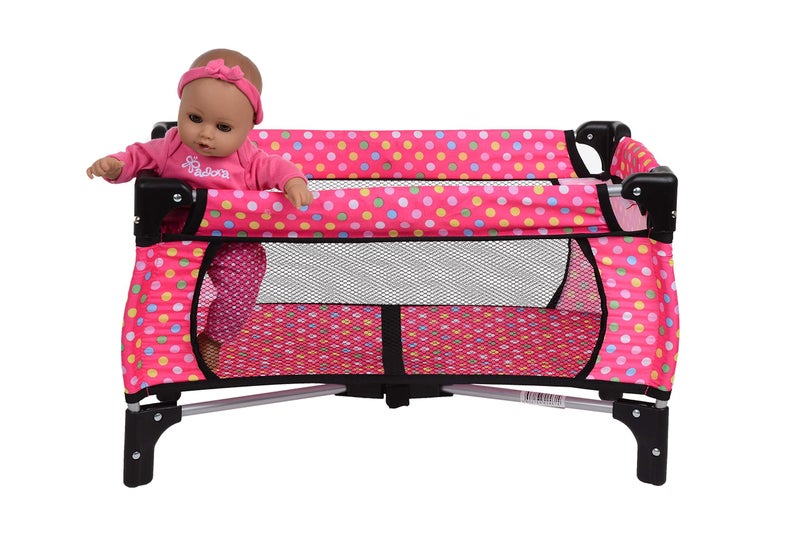 fash n kolor Doll Playpen & Crib â€“ 22" Pink Polka Dot Baby Doll Crib Foldable Baby Doll Play Yard with Mesh Sides â€“ Fits 18" Dolls, Pretend Nursery Accessory for Kids - Image 5