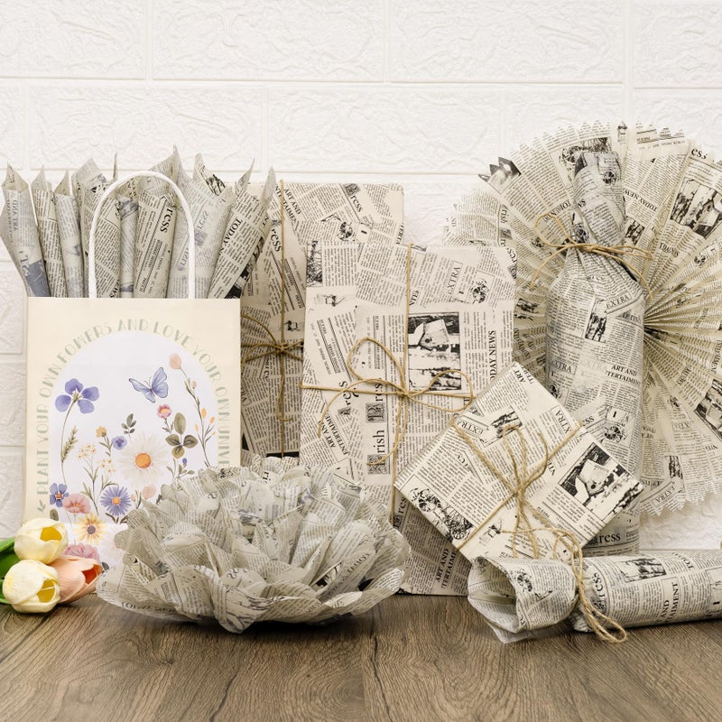 Larcenciel Vintage Newspaper Tissue Paper Roll | 17"x33', Beige Black Old News Print Wrapping Tissue Paper for Gift Bags, Gift Wrap, Flower Packaging, Craft Projects, Wedding, Birthday, Holiday Decor - Image 2