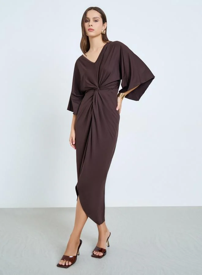 تايك تو فستان ميدي بني بتفاصيل كسرات