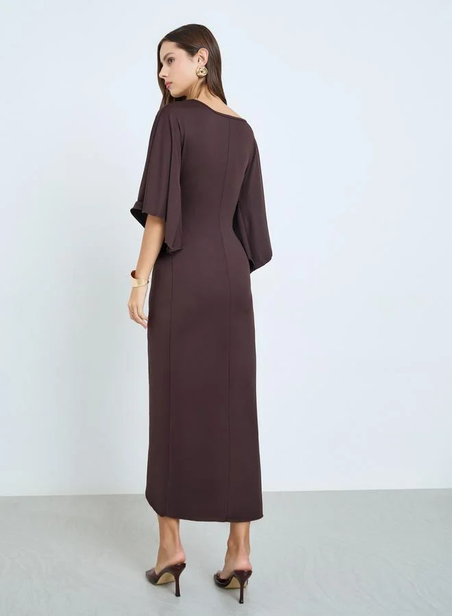Take Two chocolate brown Brown Pleated Detail Midi Dress for Women | Best Price UAE