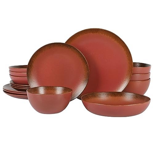 Bloomhouse Palermo Sun Double Bowl Stoneware Reactive Glaze Plates and Bowls Dinnerware Set - Paprika Red, Service for Four (16pcs) - Image 1