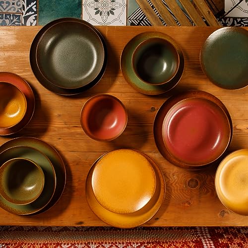 Bloomhouse Palermo Sun Double Bowl Stoneware Reactive Glaze Plates and Bowls Dinnerware Set - Paprika Red, Service for Four (16pcs) - Image 5