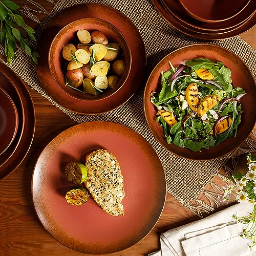 Bloomhouse Palermo Sun Double Bowl Stoneware Reactive Glaze Plates and Bowls Dinnerware Set - Paprika Red, Service for Four (16pcs) - Image 4