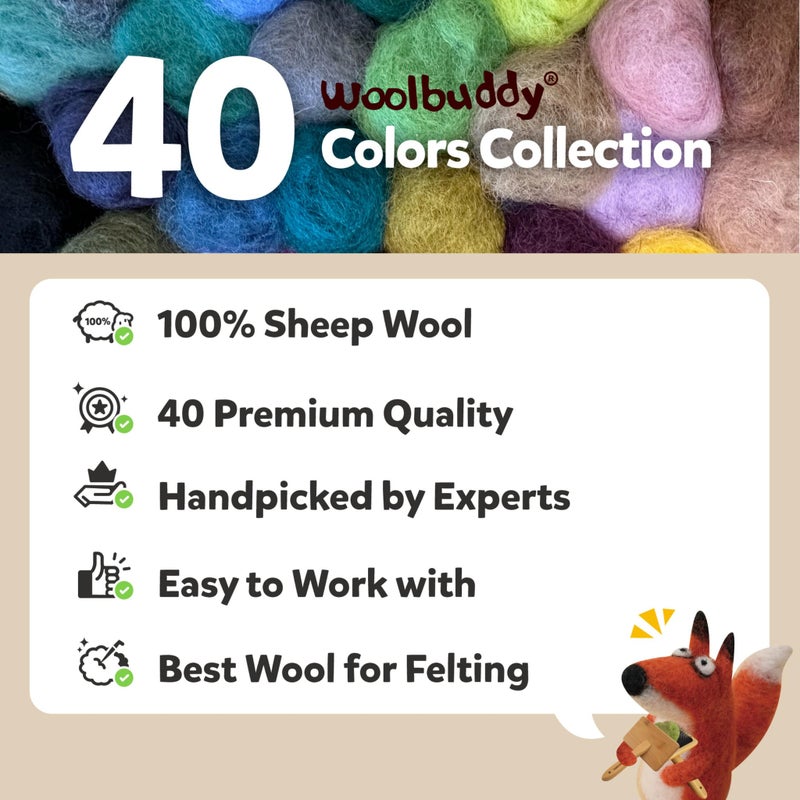 Woolbuddy Felting Wool - 40 Vibrant Colors, Quality Felting Supplies for Beginners and Wet Felting, Soft and Easy-to-Work-with Wool Roving (Corriedale) - Image 2