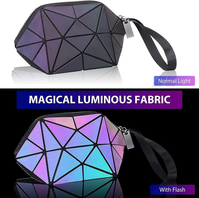Zerolex Holographic Cosmetic BagTravel Makeup PouchPortable Waterproof Geometric Luminous Cosmetic Pouch for Girls WomenDaily Use Small Toiletry Pouch with Wrist Strap Multicolor - Image 2