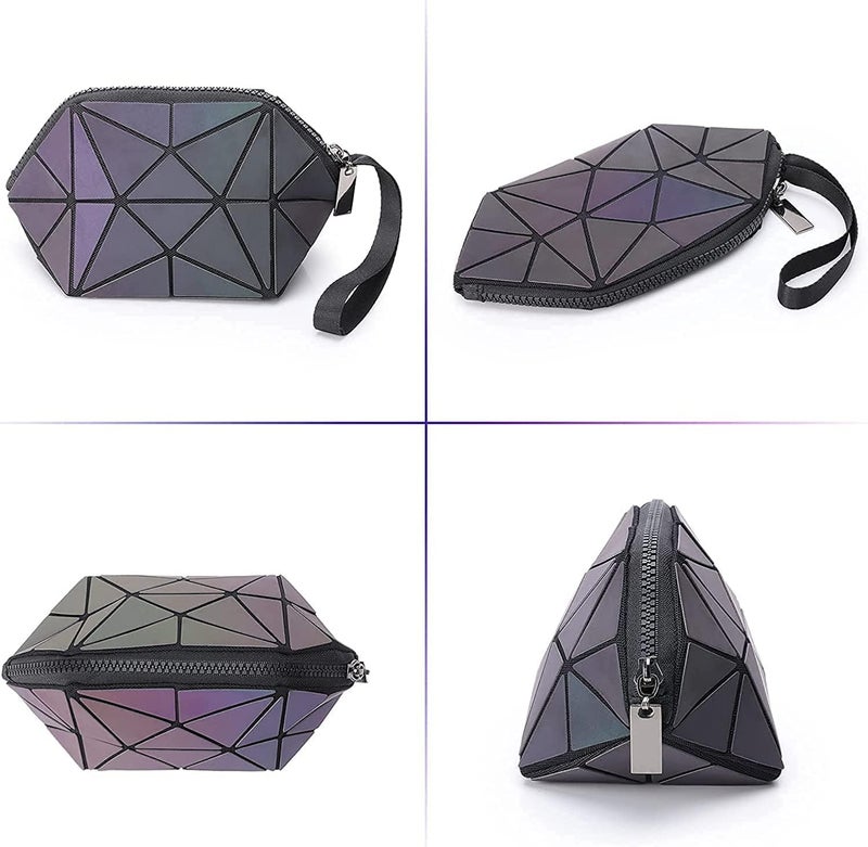 Zerolex Holographic Cosmetic BagTravel Makeup PouchPortable Waterproof Geometric Luminous Cosmetic Pouch for Girls WomenDaily Use Small Toiletry Pouch with Wrist Strap Multicolor - Image 4