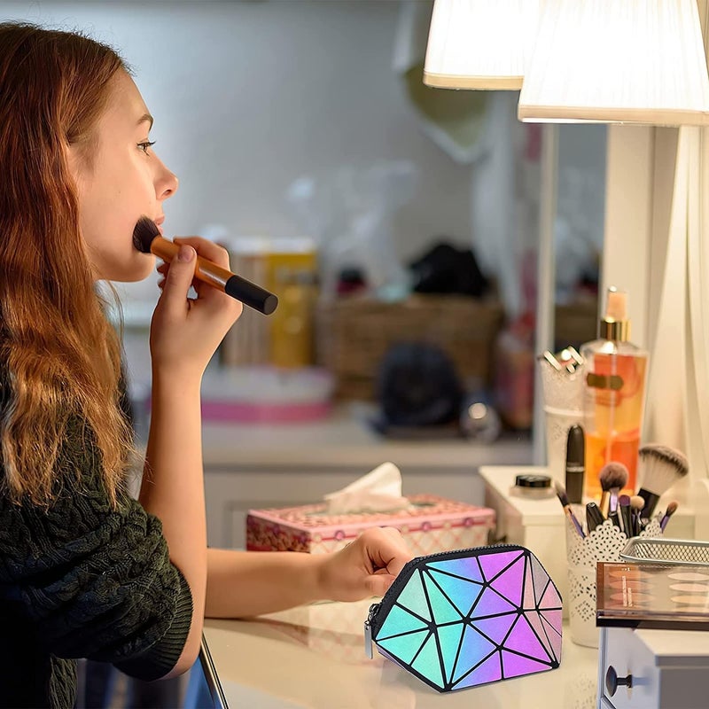 Zerolex Holographic Cosmetic BagTravel Makeup PouchPortable Waterproof Geometric Luminous Cosmetic Pouch for Girls WomenDaily Use Small Toiletry Pouch with Wrist Strap Multicolor - Image 3