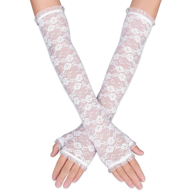 Yolev Women's Long Lace Fingerless Elbow Length Floral Gloves for Wedding, Opera, Tea Party (White) - Image 1