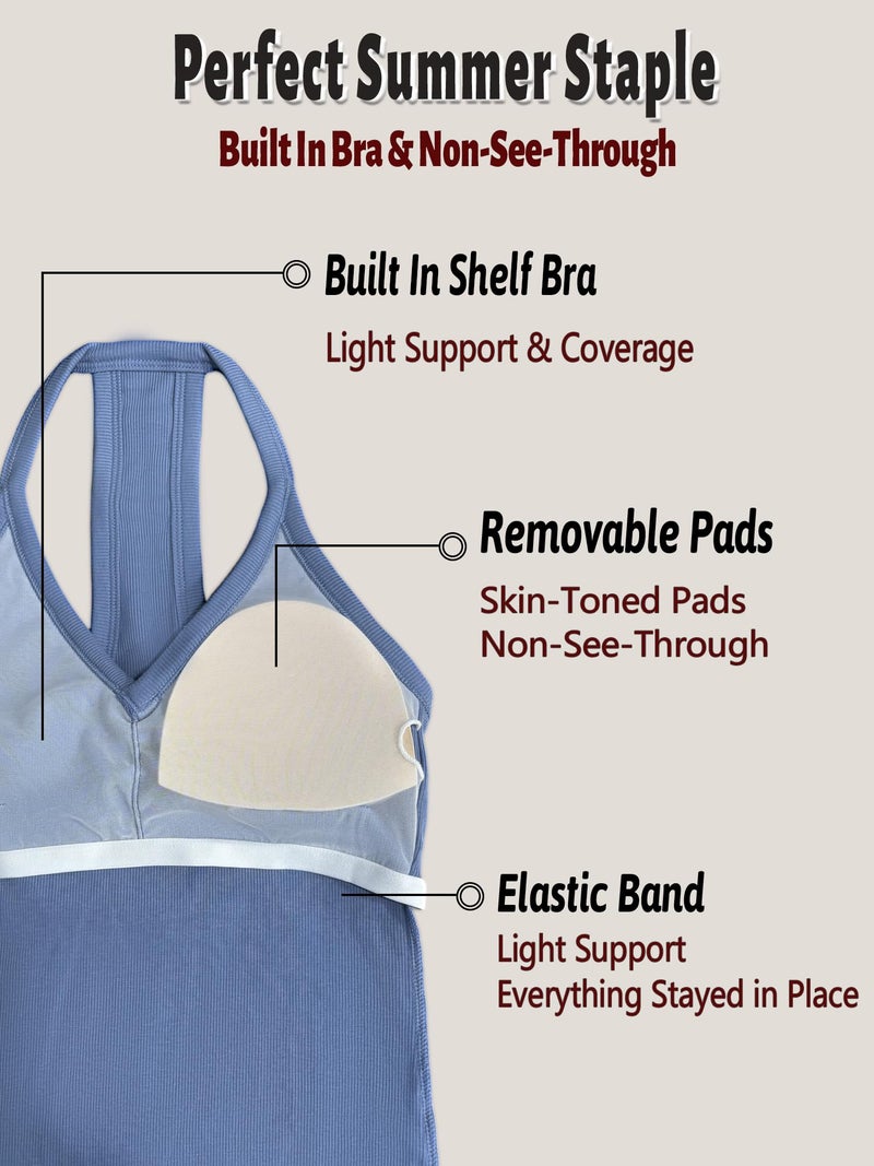 Danysu V Neck Racerback Built-in Bra Tank Tops for Women Trendy Cotton Ribbed Basic Halter Top Dusty Blue M - Image 4