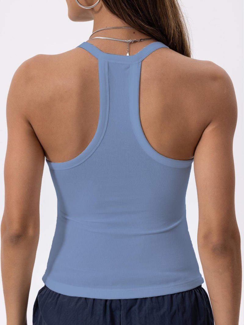 Danysu V Neck Racerback Built-in Bra Tank Tops for Women Trendy Cotton Ribbed Basic Halter Top Dusty Blue M - Image 2