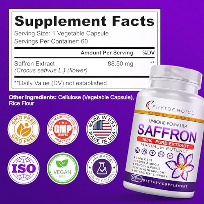 PhytoChoice Saffron Supplements - 100% Pure Saffron Extract Capsules - Boost Energy & Mood, Support Eye & Heart Health, Focus, Vision - Pure Saffron Extract 88.5 mg - Made in USA for Women & Men - 120 Capsules - Image 3