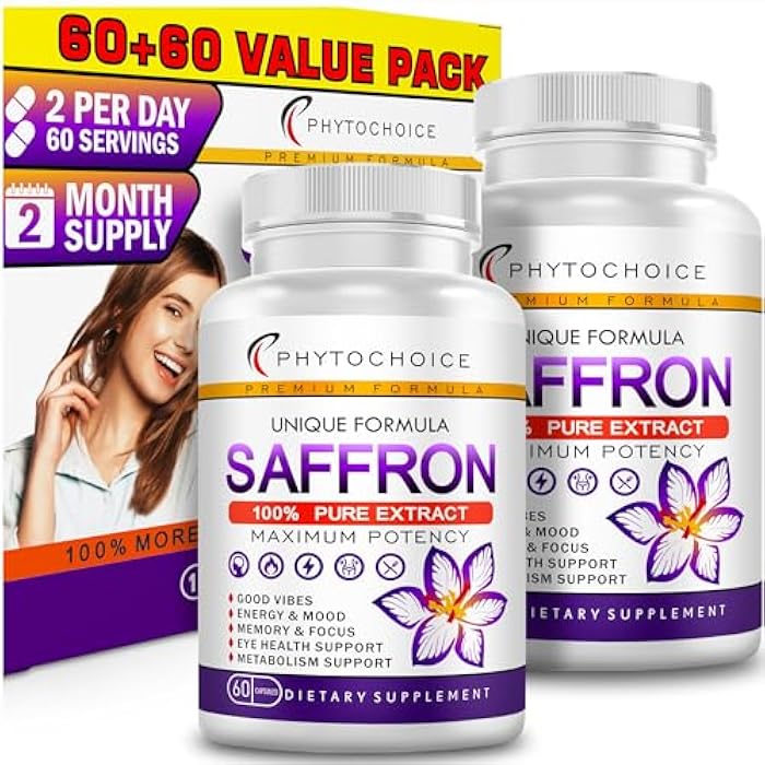 PhytoChoice Saffron Supplements - 100% Pure Saffron Extract Capsules - Boost Energy & Mood, Support Eye & Heart Health, Focus, Vision - Pure Saffron Extract 88.5 mg - Made in USA for Women & Men - 120 Capsules - Image 1