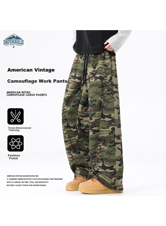 Dingfengbaoluo American Vintage Camouflage Work Pants Trendy High Street Loose Wide-leg Casual Pants Lu02 Camouflage Green 2XL - Image 1