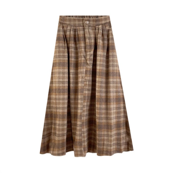 Green Plaid long woolen skirt for women autumn and winter 2024 New High waist A- line umbrella skirt sheath long skirt Brown - Image 1