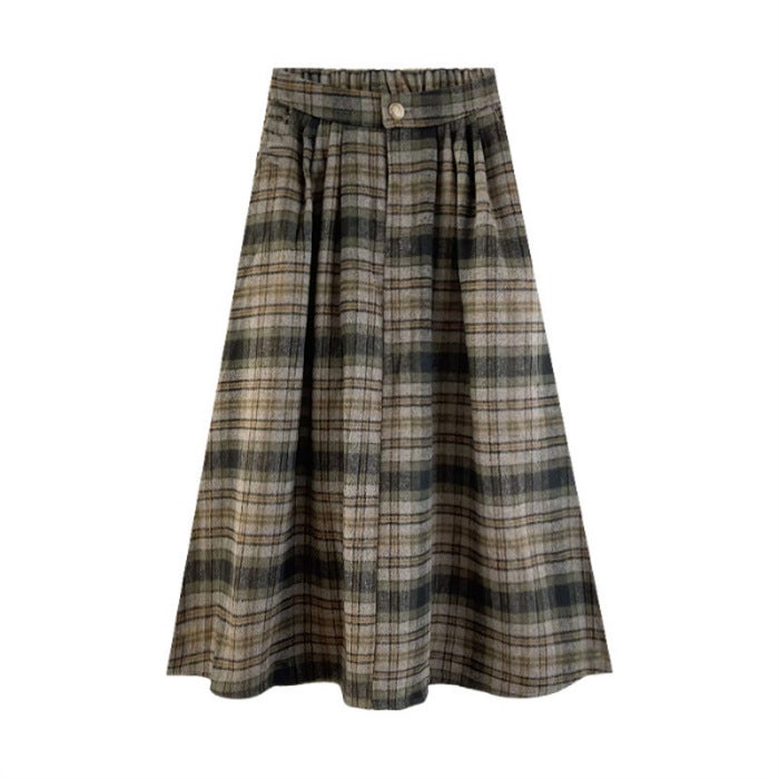 Green Plaid long woolen skirt for women autumn and winter 2024 New High waist A- line umbrella skirt sheath long skirt Brown - Image 2