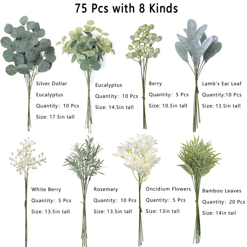 FOTEEWL 75 Pcs Artificial Greenery Stems Box Set,with 8 Kinds of Faux Plants and Fake Flowers for DIY Bridal Bouquets Wedding Floral Arrangement Table Centerpieces Decoration (Sage Green) - Image 2