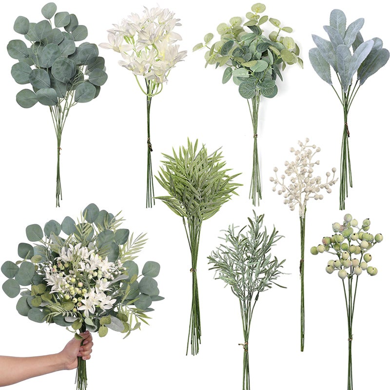 FOTEEWL 75 Pcs Artificial Greenery Stems Box Set,with 8 Kinds of Faux Plants and Fake Flowers for DIY Bridal Bouquets Wedding Floral Arrangement Table Centerpieces Decoration (Sage Green) - Image 1
