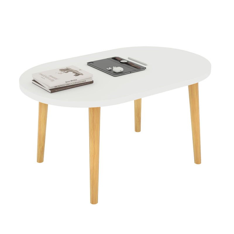 Funecy Coffee Table Low Table with Solid Wood Sturdy Legs, Floor Table Desk for Sitting on The Floor, Storage and Living Room Furniture (White-Oval) - Image 1
