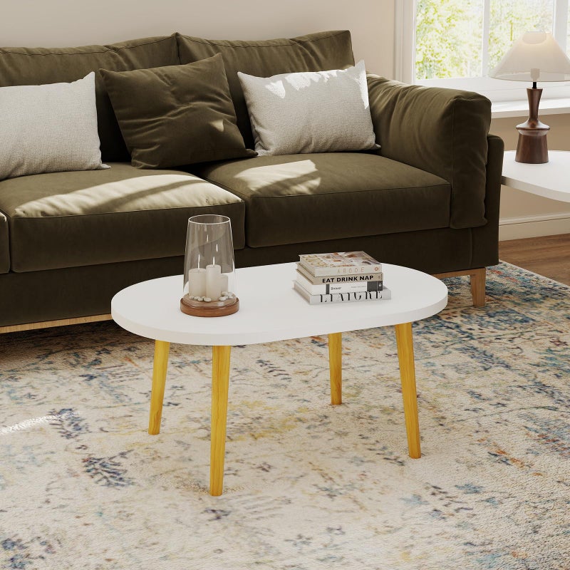 Funecy Coffee Table Low Table with Solid Wood Sturdy Legs, Floor Table Desk for Sitting on The Floor, Storage and Living Room Furniture (White-Oval) - Image 3