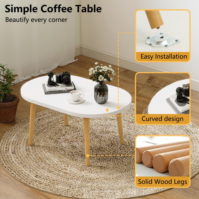 Funecy Coffee Table Low Table with Solid Wood Sturdy Legs, Floor Table Desk for Sitting on The Floor, Storage and Living Room Furniture (White-Oval) - Image 4