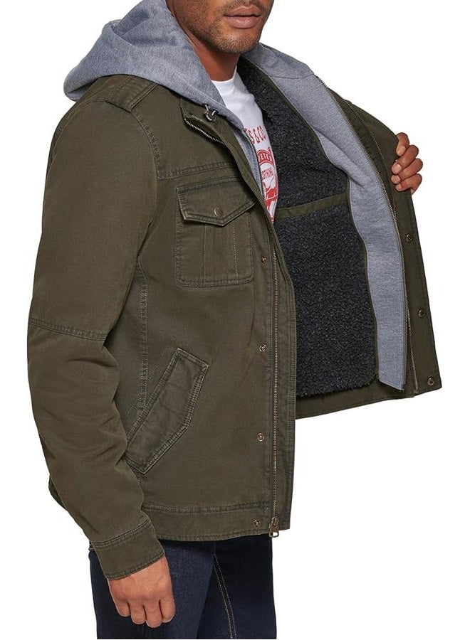 Levi's Men's Washed Cotton Hooded Military Jacket (Regular & Big Sizes), Olive/Sherpa Lined, X-Large Tall - Image 2