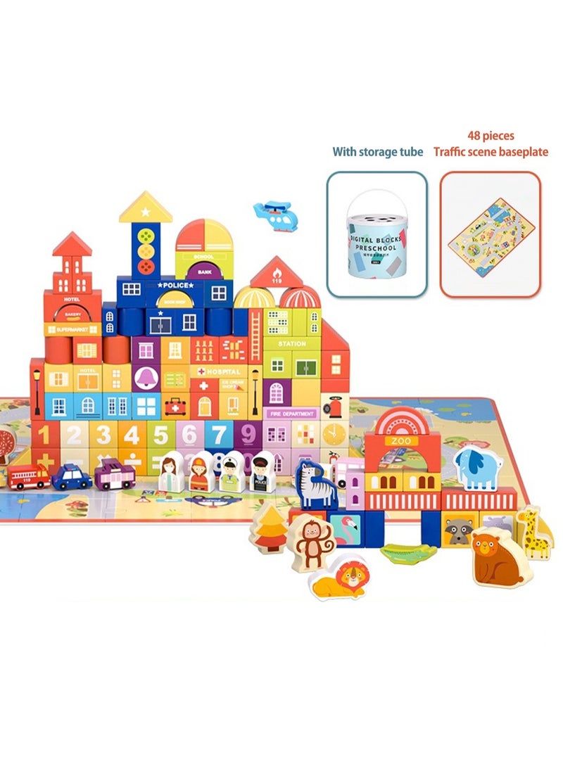 LOOPITYS Wooden building block toy set, consisting of 122pcs of colorful urban architecture and animal themed stacked toys, suitable for preschool education toys for boys and girls  - Image 2
