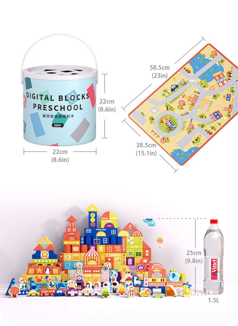 LOOPITYS Wooden building block toy set, consisting of 122pcs of colorful urban architecture and animal themed stacked toys, suitable for preschool education toys for boys and girls  - Image 3