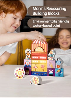 LOOPITYS Wooden building block toy set, consisting of 122pcs of colorful urban architecture and animal themed stacked toys, suitable for preschool education toys for boys and girls  - Image 4