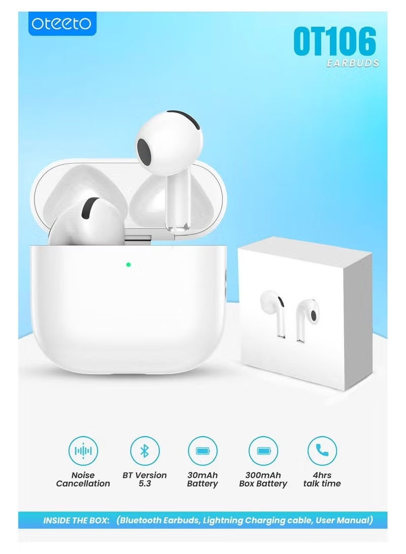 Oteeto OT106 Wireless Bluetooth Earbuds White, Bluetooth 5.3, Noise Cancellation, Multifunctional Touch Control, Built In Microphone, True Wireless Stereo Earphones Compatible with Android Mobiles & Tablets - Image 4