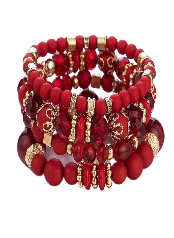 Crystal Layered Beaded Bracelets Boho Bracelets for Women Bohemian Stretch Stack Heart Charm Boho Outfits for Women Gifts for Christmas Stocking Stuffers