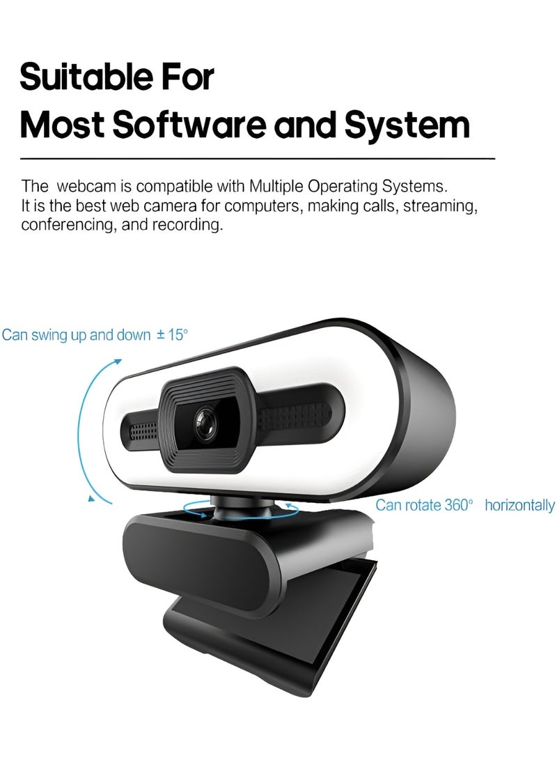 Full HD 1080P Webcam with Built-in Microphone and 3-Level Illumination - USB Plug & Play - Suitable for Live Streaming, Meetings, and Distance Learning - Black - Image 3