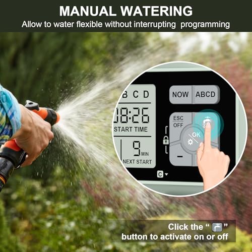 johgee Watering Timer 4 Zone with with Brass Inlet, Sprinkler Timer, Programmable Garden Outdoor Hose Faucet Timers with Rain Delay/Manual/Automatic Watering System,Water Hose Irrigation Timers 4 Outlet - Image 3