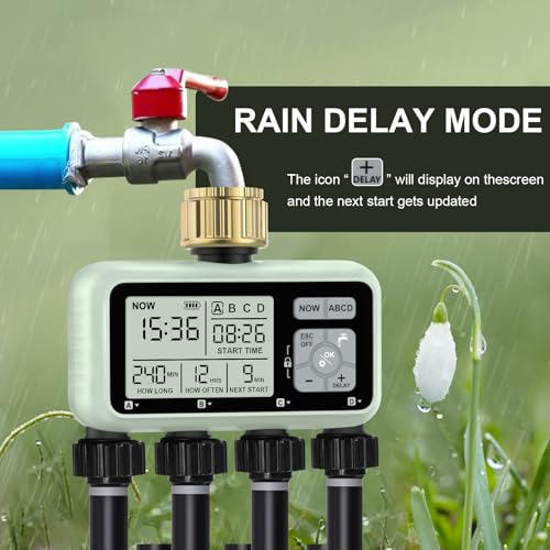 johgee Watering Timer 4 Zone with with Brass Inlet, Sprinkler Timer, Programmable Garden Outdoor Hose Faucet Timers with Rain Delay/Manual/Automatic Watering System,Water Hose Irrigation Timers 4 Outlet - Image 4