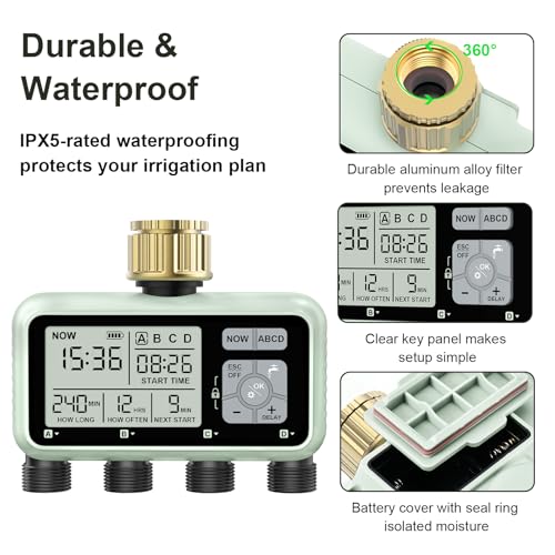 johgee Watering Timer 4 Zone with with Brass Inlet, Sprinkler Timer, Programmable Garden Outdoor Hose Faucet Timers with Rain Delay/Manual/Automatic Watering System,Water Hose Irrigation Timers 4 Outlet - Image 5