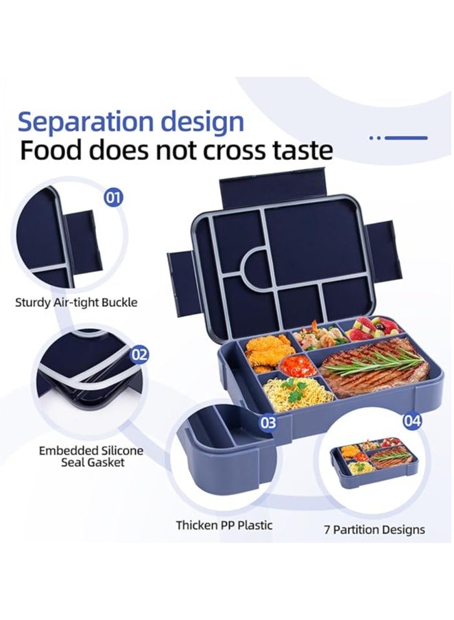 عام علبة بنتو بسعة 1330 مل، علبة بنتو مقاومة للتسرب للأطفال والبالغين، حاوية طعام تحتوي على 7 أقسام ومجموعة أدوات تناول الطعام، علبة وجبات خفيفة للأطفال، المدرسة، المكتب، مناسبة للميكروويف وغسالة الصحون. - Image 2