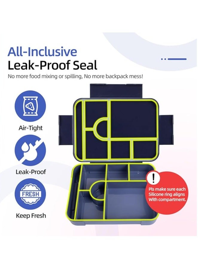عام علبة بنتو بسعة 1330 مل، علبة بنتو مقاومة للتسرب للأطفال والبالغين، حاوية طعام تحتوي على 7 أقسام ومجموعة أدوات تناول الطعام، علبة وجبات خفيفة للأطفال، المدرسة، المكتب، مناسبة للميكروويف وغسالة الصحون. - Image 3