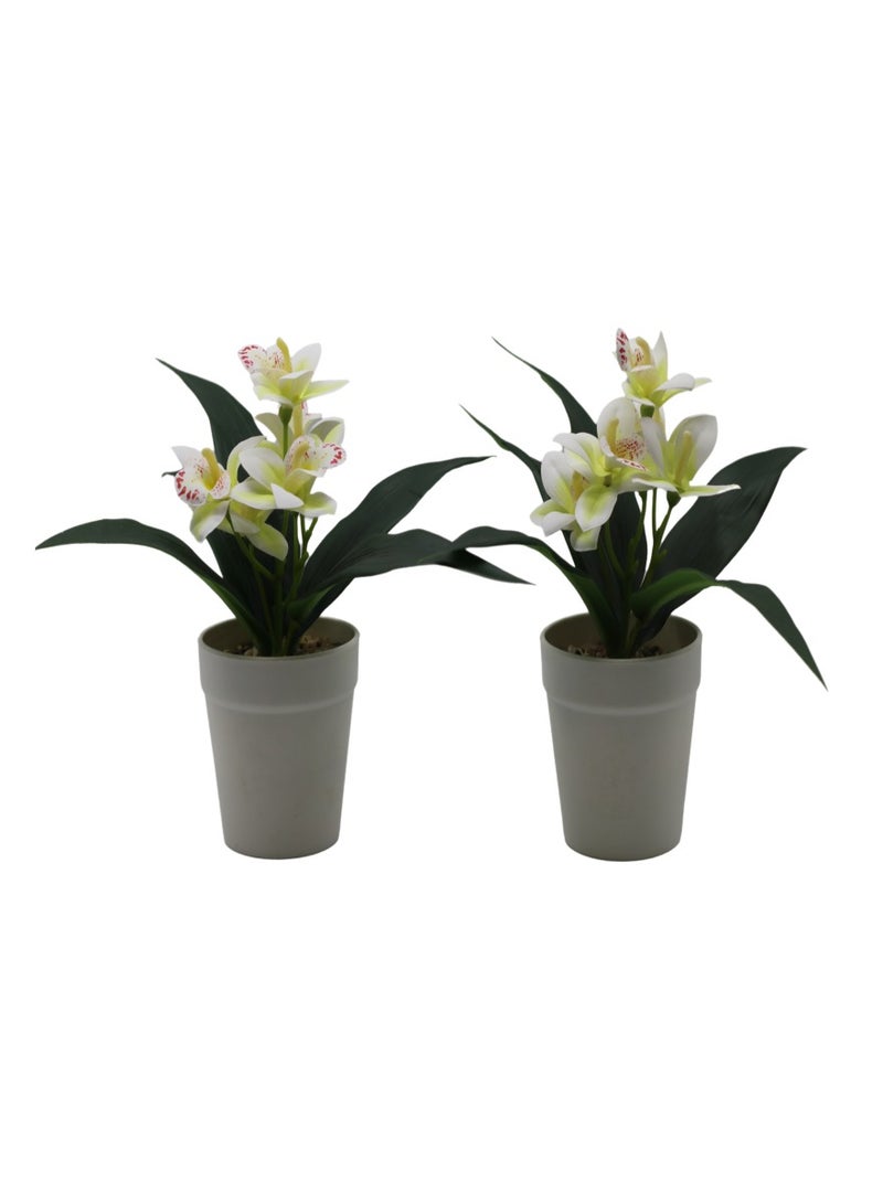 2 Pack Potted Artificial Orchid-Small Fake Plants with 5 Orchid Blossoms -Faux Botanical Decor for Home Indoor  Garden Office Desktop Bookshelf-Decor Gift