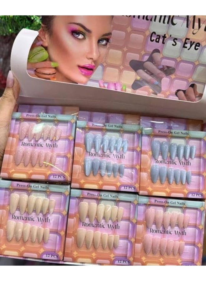 أظافر صناعية لامعة مستورده تثبت بالضغط ، مجموعة أظافر تركيب عن طريق الضغط من 6 لونُا بتغطية كاملة، شكل مستطيل وقصير وبيضاوي للنساء والفتيات،لون لامع