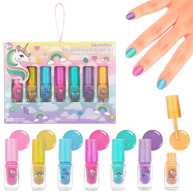 Expressions 7pc Unicorn Shimmer Nail Polish Set for Girls  Glitter Cap NonToxic Quick Dry Manicure  Pedicure Kit Vibrant Assorted Shades
