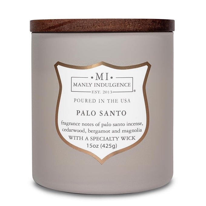 PALO SANTO SCENTED CANDLES FOR MEN 15 OZ WOODEN WICK PREMIUM SOY BLEND WAX 60H BURN CANDLES FOR HOME SCENTED MADE IN THE USA