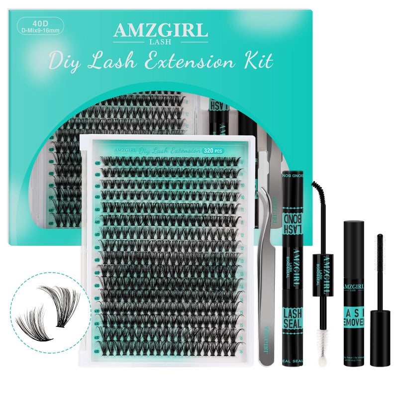 Lash Extension Kit 320PcsDIY Individual Lashes Clusters KitLash Bond And SealLash Remover For Eyelashes ExtensionsLash Applicator Tool For False Eyelash Cluster Kit At Home40DDMix916mm Kit