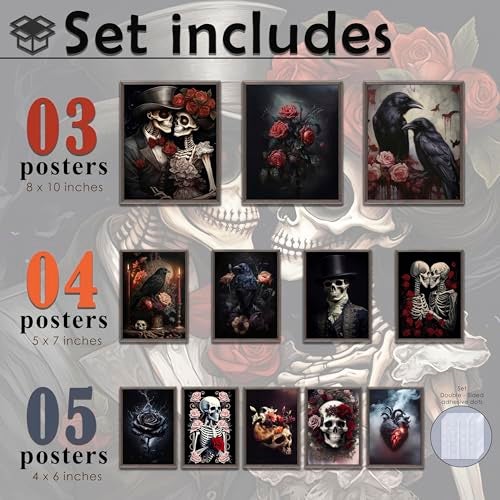 LANCHI95 Romantic Gothic Wall Art, Gothic Home Decor, Wall Art Skull Poster, Halloween Prints Black Raven Decor, Spooky Gallery Prints Moody Floral Aesthetic Pictures for Bedroom (12PCS - UNFRAMED) - Image 2