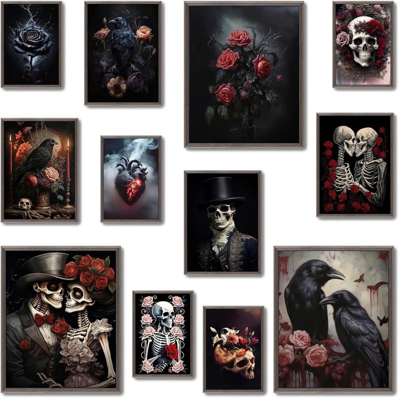 LANCHI95 Romantic Gothic Wall Art, Gothic Home Decor, Wall Art Skull Poster, Halloween Prints Black Raven Decor, Spooky Gallery Prints Moody Floral Aesthetic Pictures for Bedroom (12PCS - UNFRAMED) - Image 1