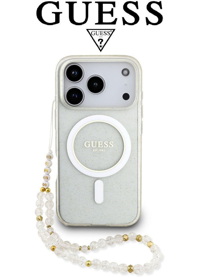CG MOBILE Clear Transparent iPhone 17 Pro case with a stylish beaded bracelet. iphone 17 pro cover offers robust impact protection. phone case compatible with MagSafe wireless charging. iphone case features a stylish French design and is a licensed product of GUESS and CG MOBILE. - Image 1