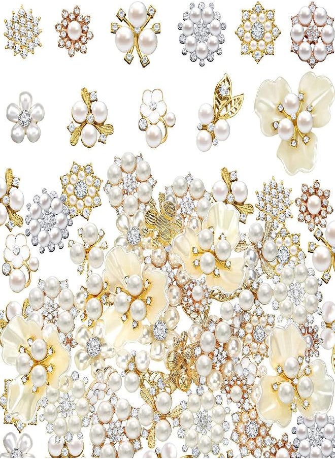 Waydress 66 Pieces Craft Pearl Crystal Rhinestone Buttons Flower Faux Pearl Bouquet Embellishments for Crafting Flat Back Decorative Button DIY Jewelry Making Supplies Wedding Bouquet Jewelry (Gold)  - Image 1