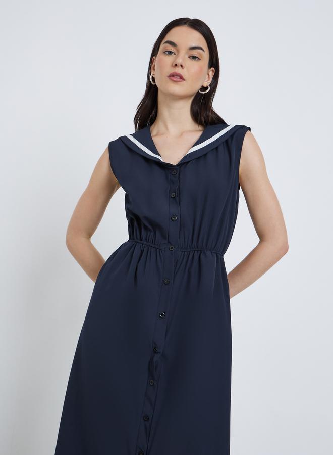 Take Two Navy Blue Sleeveless Button Detail Maxi Dress - Image 2