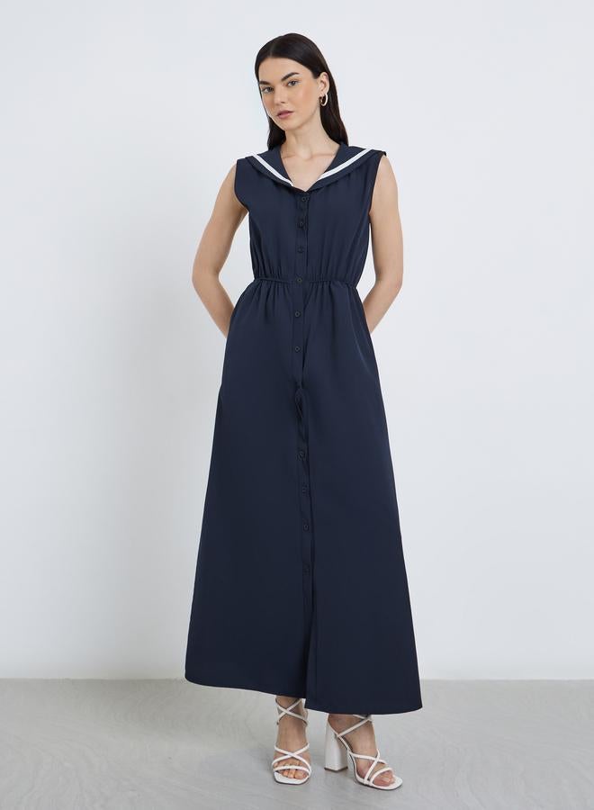 Take Two Navy Blue Sleeveless Button Detail Maxi Dress - Image 3