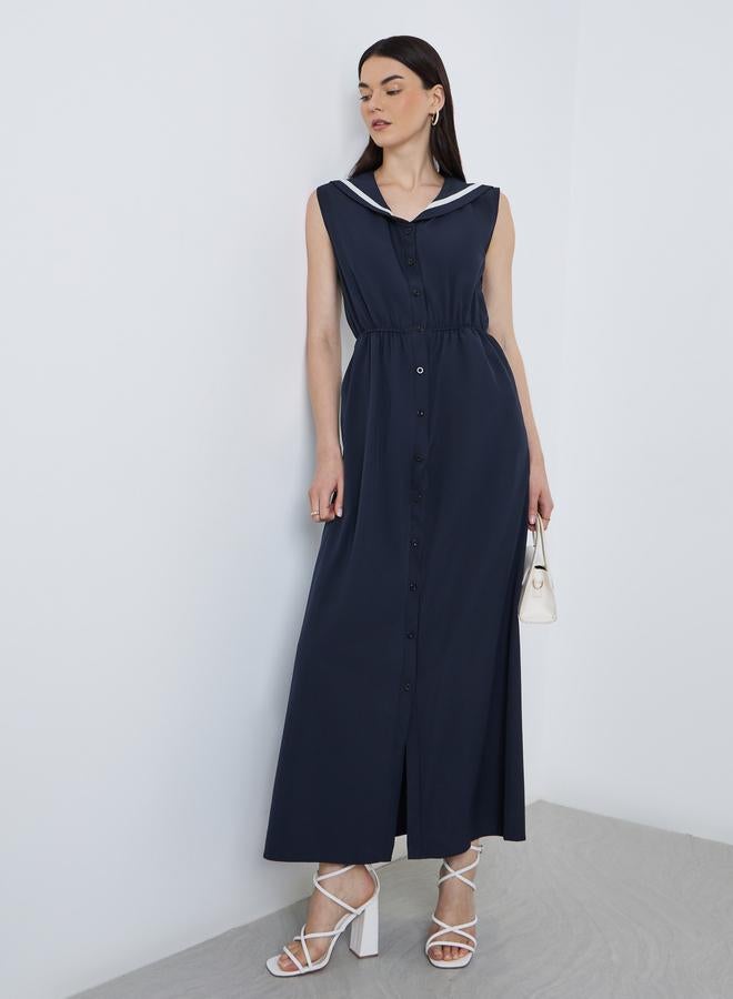 Take Two Navy Blue Sleeveless Button Detail Maxi Dress - Image 1