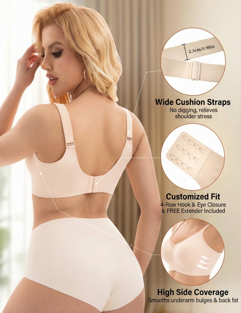 PoseFree Womens Wireless Bras Supportive Tshirt Bra No Underwire Seamless Push Up V Mesh Comfortable Bralette Everyday Bras Nude XL - Image 3