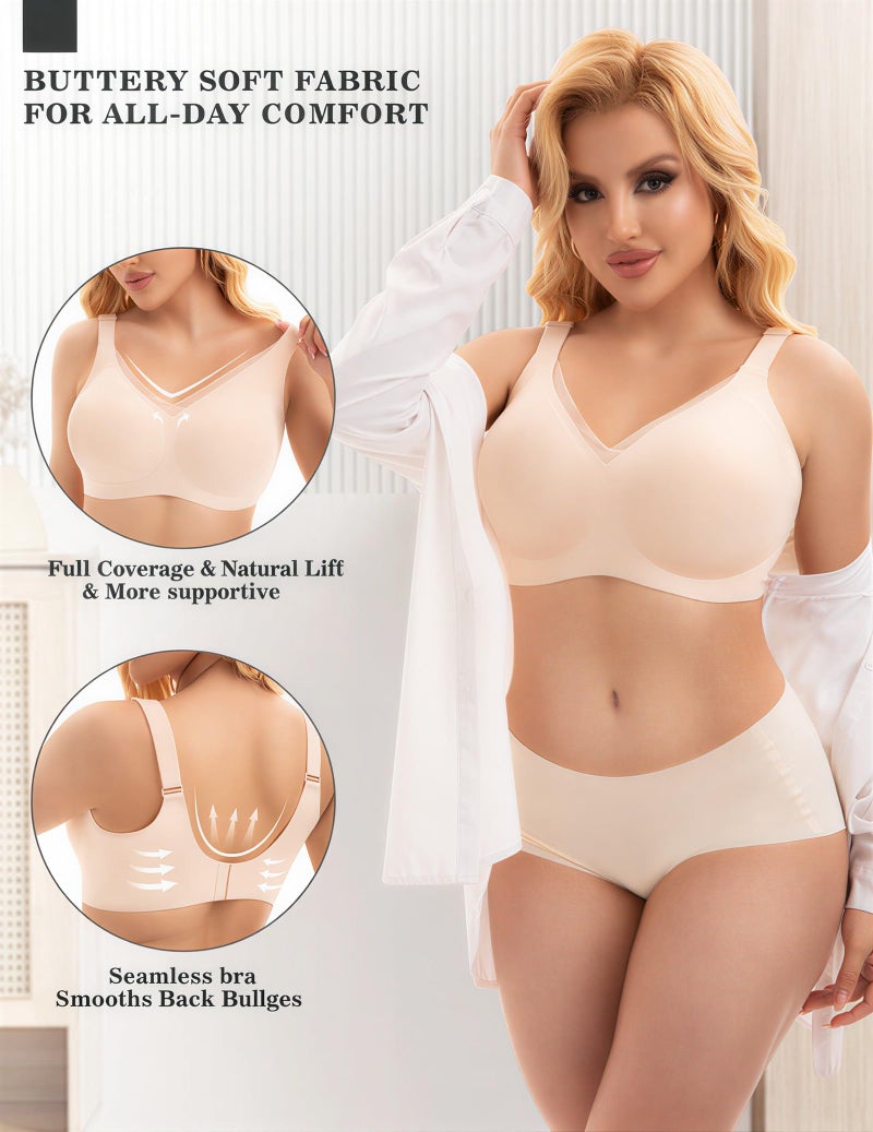 PoseFree Womens Wireless Bras Supportive Tshirt Bra No Underwire Seamless Push Up V Mesh Comfortable Bralette Everyday Bras Nude XL - Image 2